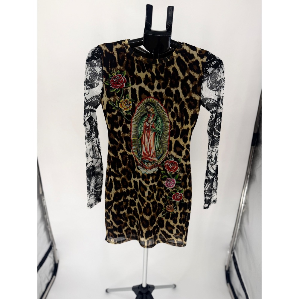 NWT Ed Hardy Mesh Mini Dress Womens Small Leopard Virgin Mary Tattoo Print